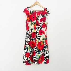 St. John Collection Red Floral Zebra Print Sheath Midi Dress